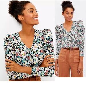 Loft Shirred Puff Sleeve Top Floral Multicolor Size L